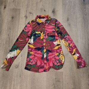 BCBGMaxazria Urban Explosion Multi-Color Button Front Long Sleeve Blouse Small